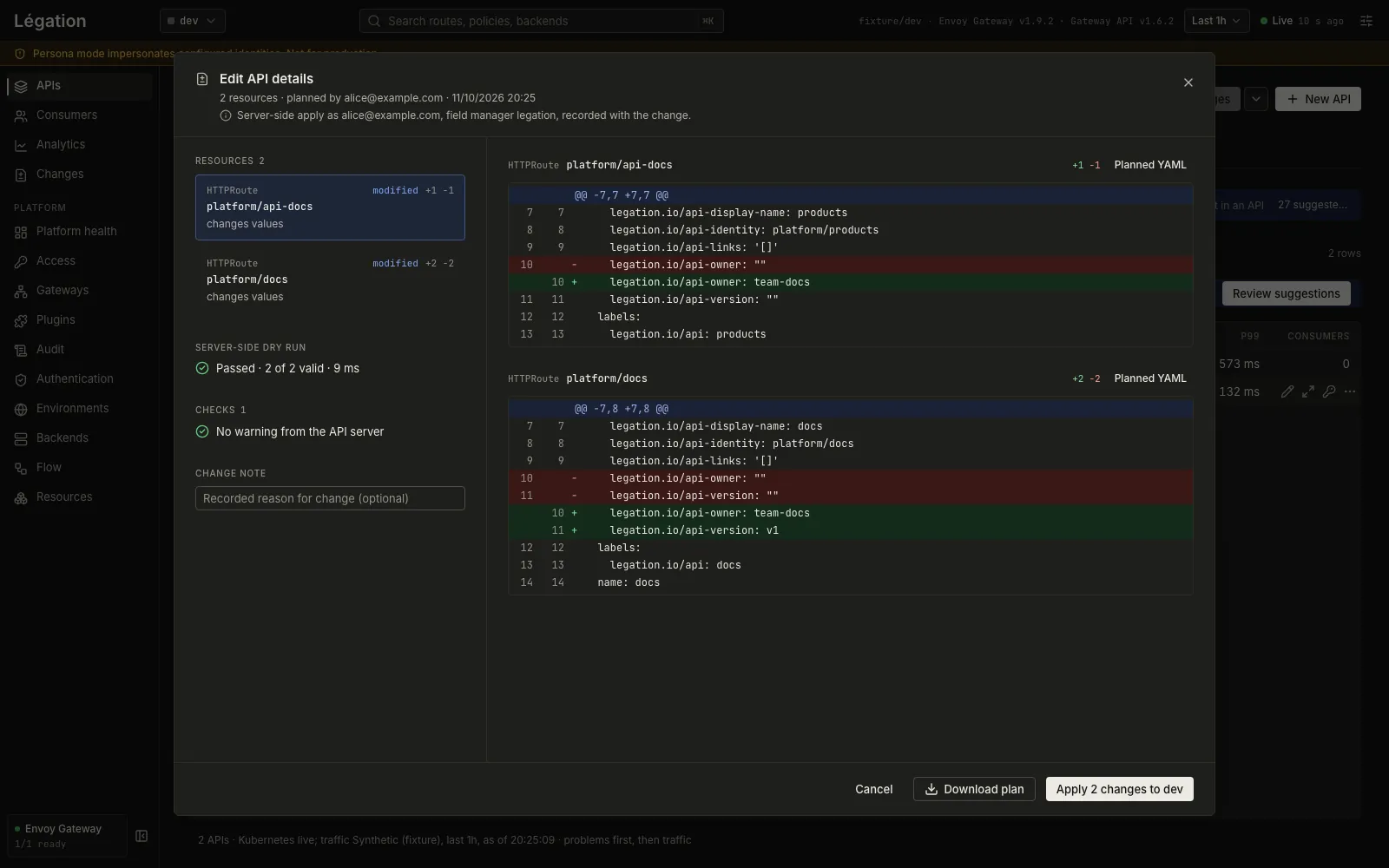 Fenêtre de plan de Légation : différences YAML par ressource, test à blanc réussi, bouton d'application