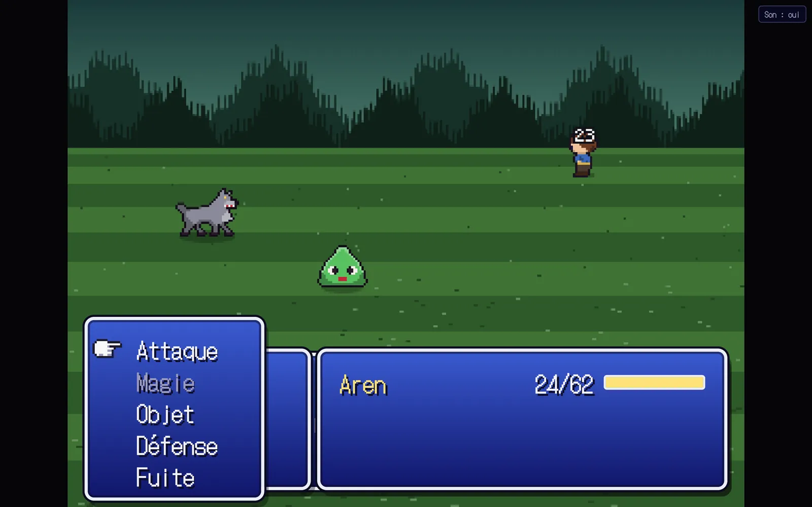 Combat dans la forêt de Neverworld : un loup et une gelée face au héros, menu Attaque, Magie, Objet